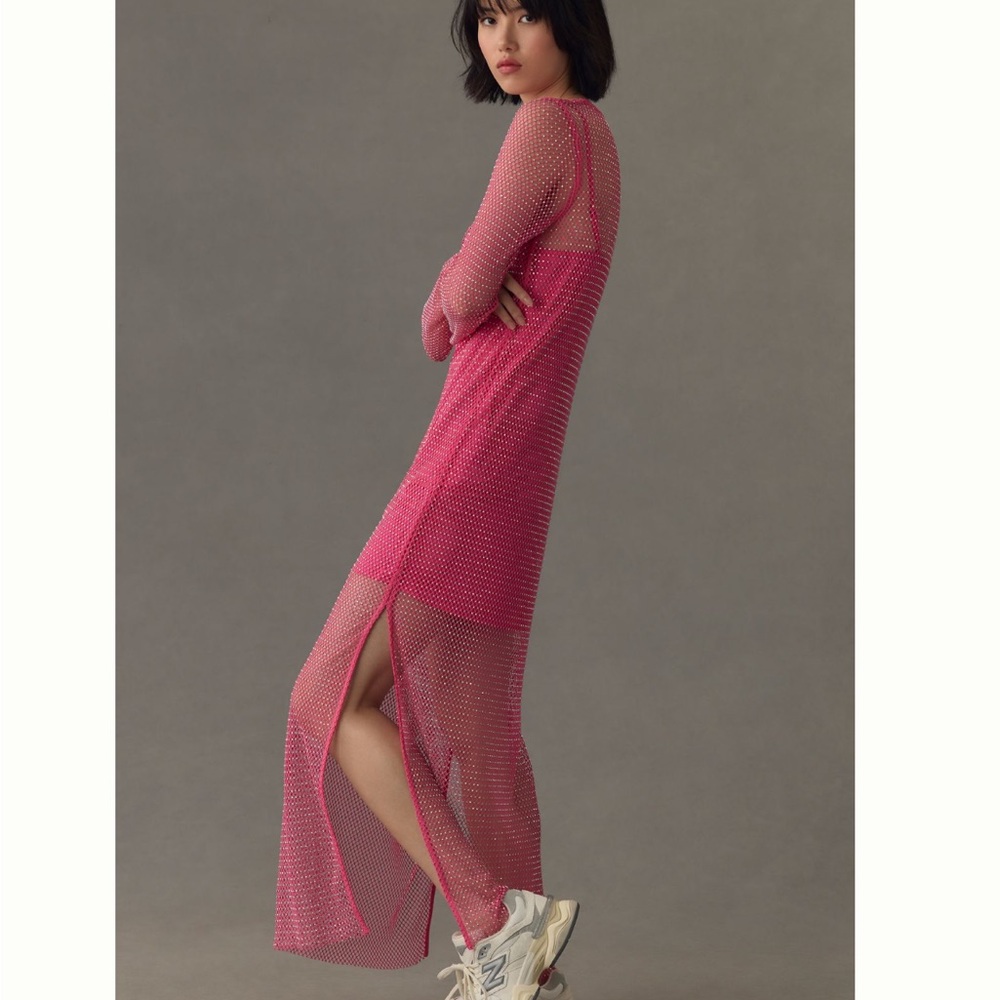 Anthropologie Sunday in Brooklyn Elegant Pink Rhinestone Mesh Maxi Dress